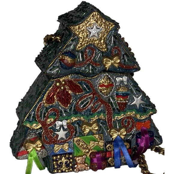 RARE Mary Frances 90's Christmas Tree Hard Shell Purse Handmade Bag Retired wTag - Picture 10 of 14